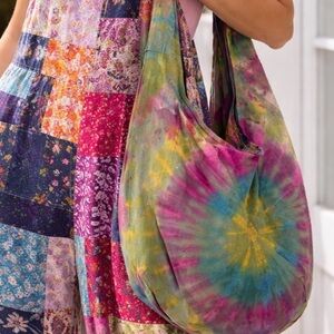 Boho Tie Dye Cotton Crossbody Hobo Bag In Green And Pink  Brand New